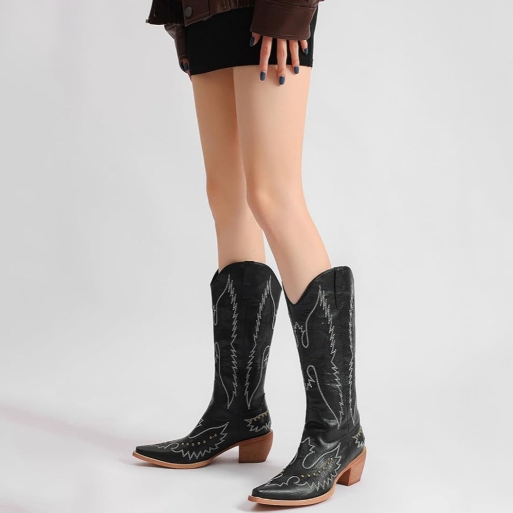 NIB- Women's black, embroidered, mid-calf, leather cowgirl boots, size 7.